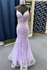 Lavender Spaghetti Straps Mermaid Prom Dresses With Appliques