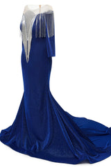 Deep V-neck Shiny Royal Blue Prom Dresses Long sleeves Mermaid Evening Party Dresses