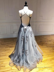 Backless Gray Lace Prom Dresses, Backless Gray Lace Formal Evening Graduation Dresses