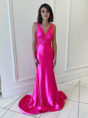 Backless Pink V Neck Long Prom Dresses