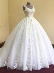 Ball Gown Appliques Flower Long Tulle Bridal Wedding Dresses