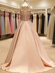 Ball-Gown Bateau Beading Sweep Train Satin Dress