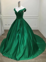 Ball Gown Green Satin Off the Shoulder Prom Dresses