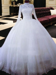 Ball-Gown High Neck Long Sleeves Lace Chapel Train Tulle Wedding Dress