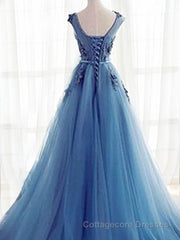 Ball Gown Jewel Sweep Train Tulle Evening Dresses With Appliques Lace