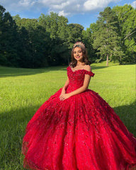 Ball Gown Lace Off-the-Shoulder Red Quinceanera Dresses