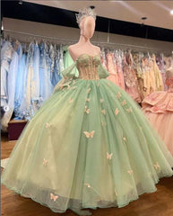 Ball Gown Light Green Tulle Quinceanera Dress With Butterflies