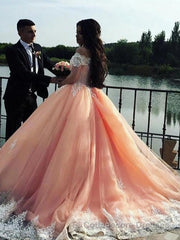 Ball Gown Off-the-Shoulder Court Train Tulle Prom Dresses With Appliques Lace