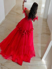 Ball Gown Off-the-Shoulder Sweep Train Tulle Prom Dresses With Flower