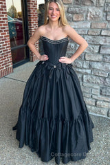 Ball Gown Scoop Neck Satin Long Prom Dresses with Beading