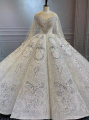 Ball Gown Sequins Long Sleeve Beading Crystal Wedding Dresses