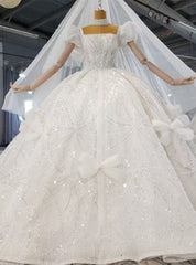 Ball Gown Sequins Square Puff Sleeve Bow Wedding Dresses