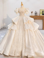 Ball Gown Square Beading Puff Sleeve Wedding Dresses