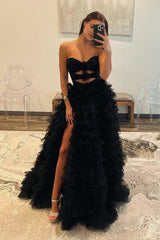 Ball Gown Sweetheart Black Tiered Printed Tulle Prom Dress