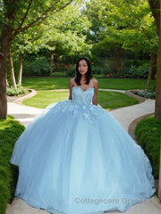 Ball Gown Sweetheart Sweep Train Tulle Prom Dresses With Appliques Lace