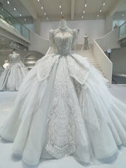 Ball Gown Tulle High Neck Beading Wedding Dresses