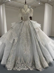 Ball Gown Tulle Sequins Long Train Wedding Dresses