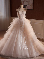 Ball Gown Tulle Spaghetti Straps Tiers Wedding Dresses