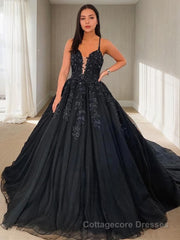 Ball Gown V-neck Court Train Tulle Prom Dresses With Appliques Lace