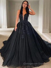 Ball Gown V-neck Court Train Tulle Prom Dresses With Appliques Lace