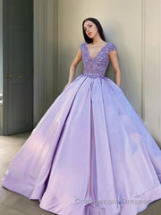 Ball Gown V-neck Floor-Length Satin Evening Dresses With Beading