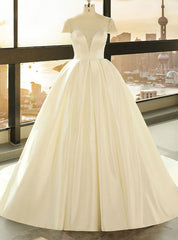 Ball Gown White Satin See Through Cap Sleeve Wedding Dresses