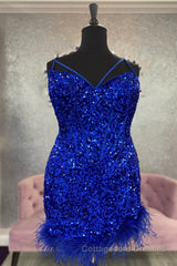 Feathers Red Sequin Straps Bodycon Short Homecoming Dress