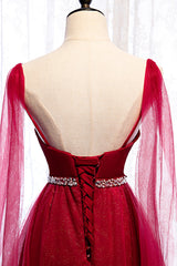 Burgundy Prom Dresses, Spagetti-Strap Sleeveless Prom Dresses Tulle Ruffles with Beadings