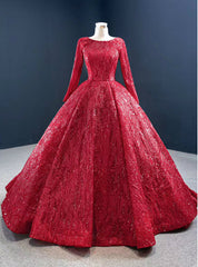 Be The Prom Queen In Red Ball Gown Sequins Long Sleeve Formal Prom Dresses