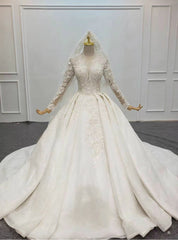 Be The Prom Queen White Tulle Lace Appliques V-neck Long Sleeve Wedding Dresses