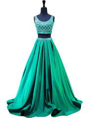 Beaded Crystals Beaded Floor Length Backless Two Piece Prom Dresses