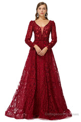 Beaded Wine Red Long V neck Sleeves Prom Dresses