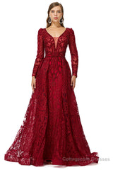 Beaded Wine Red Long V neck Sleeves Prom Dresses