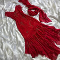 Beautiful Beaded Prom Dresses Red Chiffon Mermaid Evening Dresses Party Gown