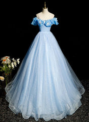 Beautiful Light Blue Tulle Off Shoulder Sweet 16 Dresses, Light Blue Formal Dresses