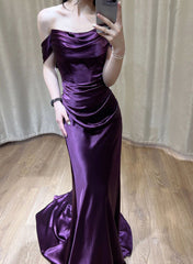 Beautiful Purple Satin Mermaid Off Shoulder Prom Dress, Purple Satin Evening Dress