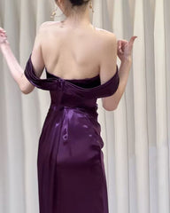 Beautiful Purple Satin Mermaid Off Shoulder Prom Dress, Purple Satin Evening Dress