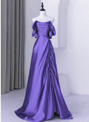 Beautiful Purple Satin Off Shoulder Formal Dresses, Purple Satin Evening Dresses Prom Dresses