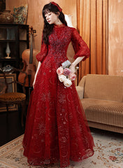 Beautiful Tulle Puffy Sleeves Long Party Dress, Wine Red Long Prom Dress Evening Dress