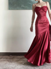 Beautiful Wine Red Satin Straps Long Evening Dresses Prom Dresses, Wine Red Party Dresses