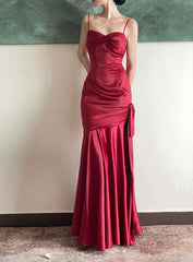 Beautiful Wine Red Satin Straps Long Evening Dresses Prom Dresses, Wine Red Party Dresses