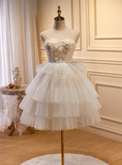 Beige Tulle Sweetheart Beading Flower Homecoming Dresses