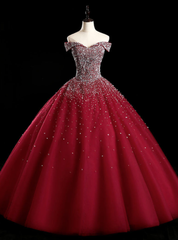 Best For You Burgundy Ball Gown Tulle Off the Shoulder Beading Sequins Quinceanera Dresses