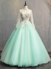 Best For You Green Ball Gown Tulle Long Sleeve Backless Appliques Quinceanera Dresses