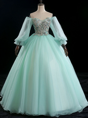 Best For You Light Green Ball Gown Tulle Off the Shoulder Long Sleeve Quinceanera Dresses