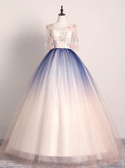 Best For You Pink Blue Ball Gown Tulle Embroidery Short Sleeve Quinceanera Dresses