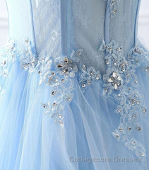 Light Blue Tulle Lace Long Prom Dress, Formal Dress