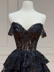 Black A-Line Sequin Tulle Short Prom Dress, Black Homecoming Dress