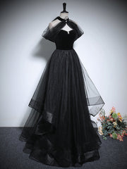 Black A-Line Tulle Long Prom Dresses, Black Long Evening Dresses