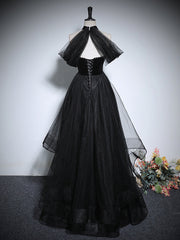 Black A-Line Tulle Long Prom Dresses, Black Long Evening Dresses